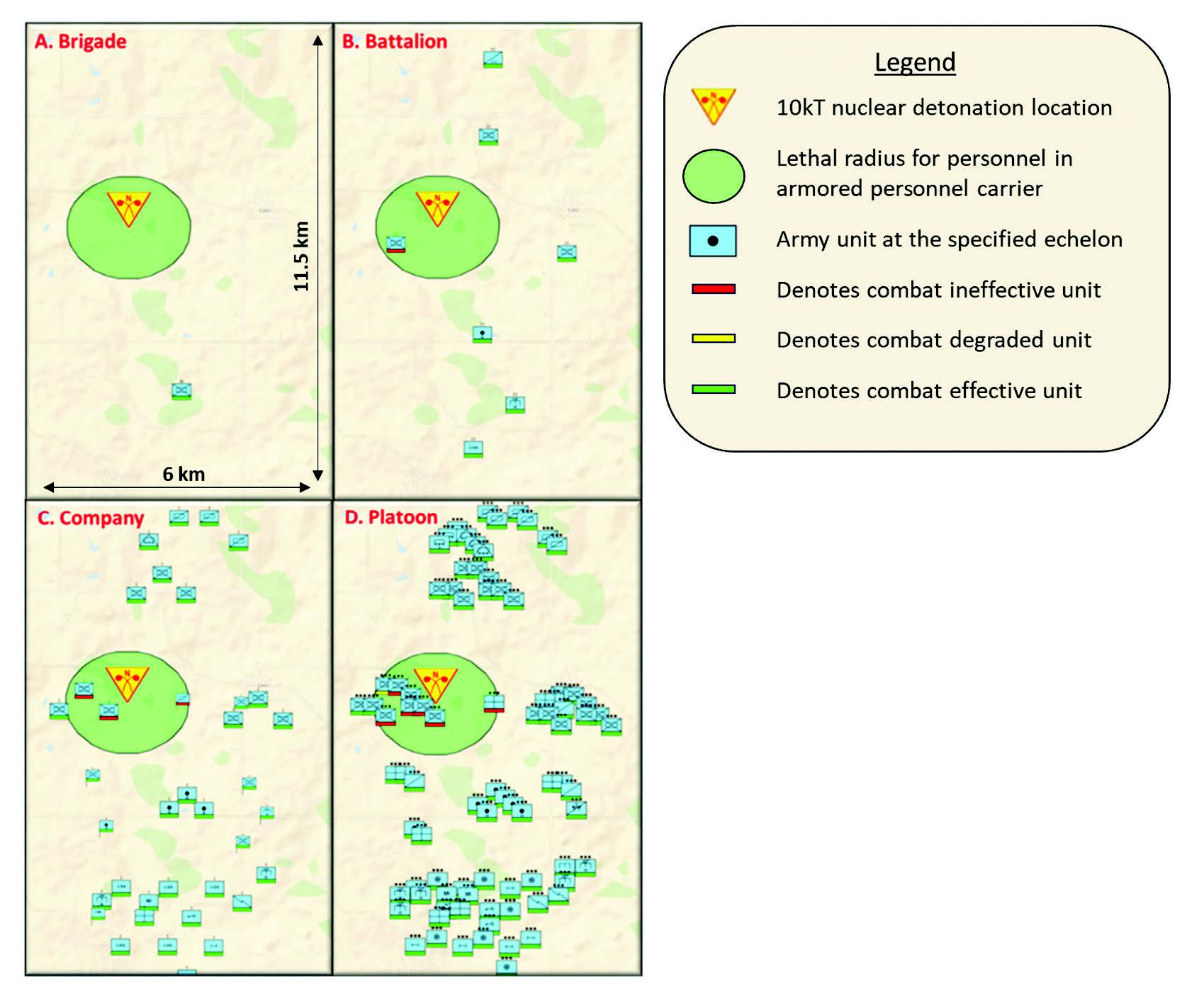Figure created using DTRA’s Mission
Impacts of Nuclear Events Software,
a nuclear wargaming modeling and
simulation tool designed for rapid
adjudication of nuclear battlefield use
for planning, course of action analysis,
and wargame adjudication. Each unit
icon at the company and above level
is placed at the center of its lower
echelon units’ locations. The company
icon is at the center grid of its platoons,
the battalion icon at the center of its
company icons, and the brigade icon at
the center of its battalion icons.